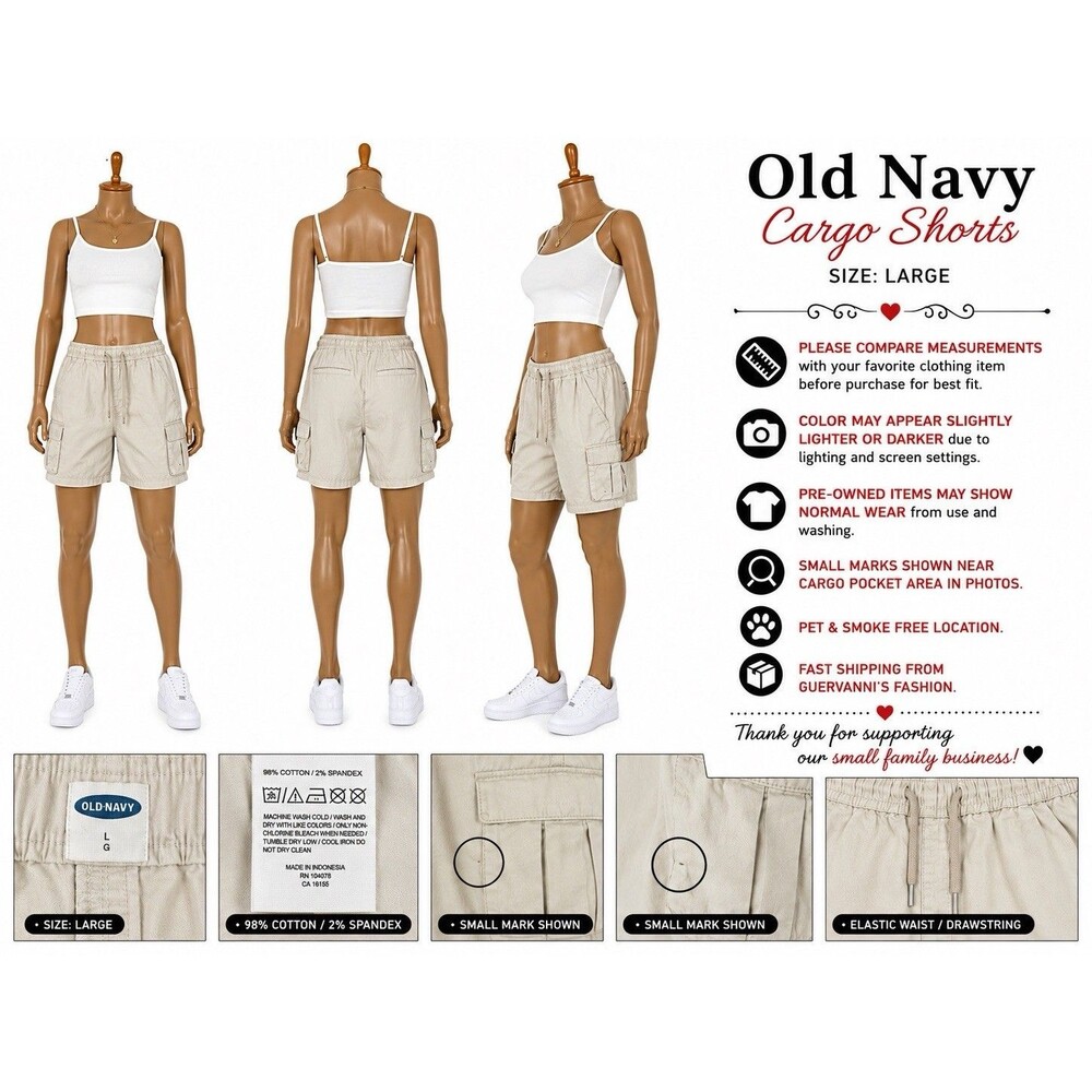 Old Navy Womens L Beige Cargo Shorts Elastic Waist Zip Pocket Outdoor Travel